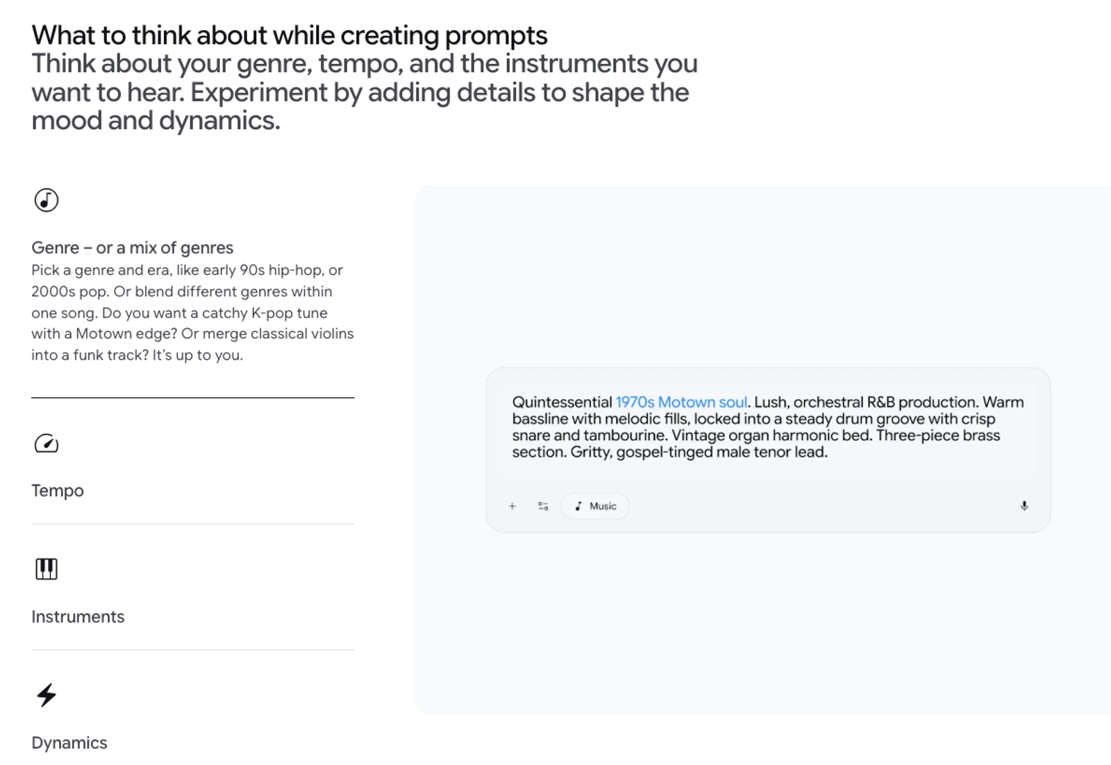 Explore what to consider like genre, tempo, and instruments when creating detailed lyria 3 pro prompts for Motown soul.