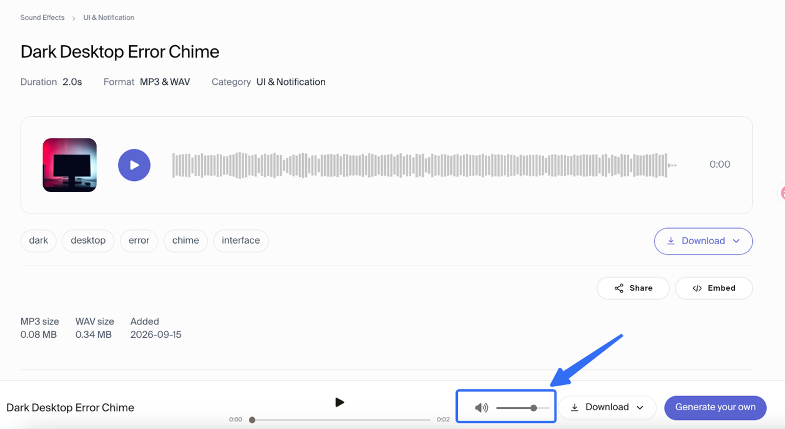 Detailed audio player page previewing dark desktop error chime free ui sound effects for projects.
