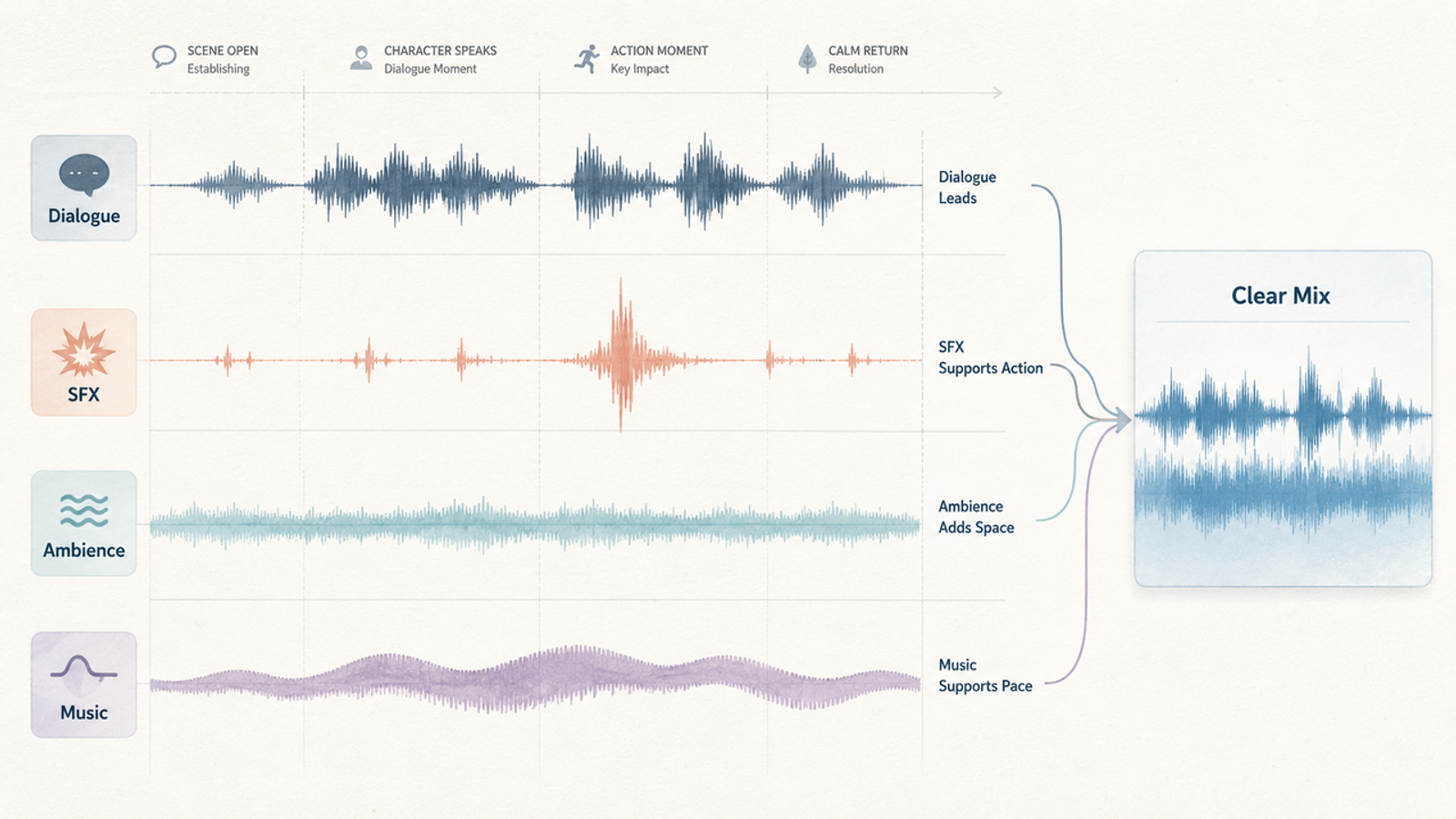 A diagram illustrating how to layer and mix dialogue, sound effects, ambience, and music in DaVinci Resolve.