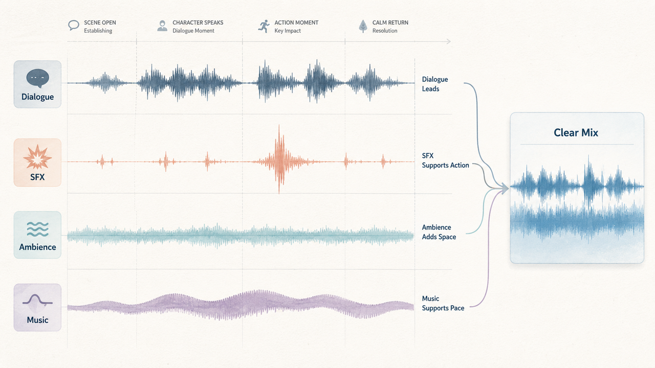 A diagram illustrating how to layer and mix dialogue, sound effects, ambience, and music in DaVinci Resolve.
