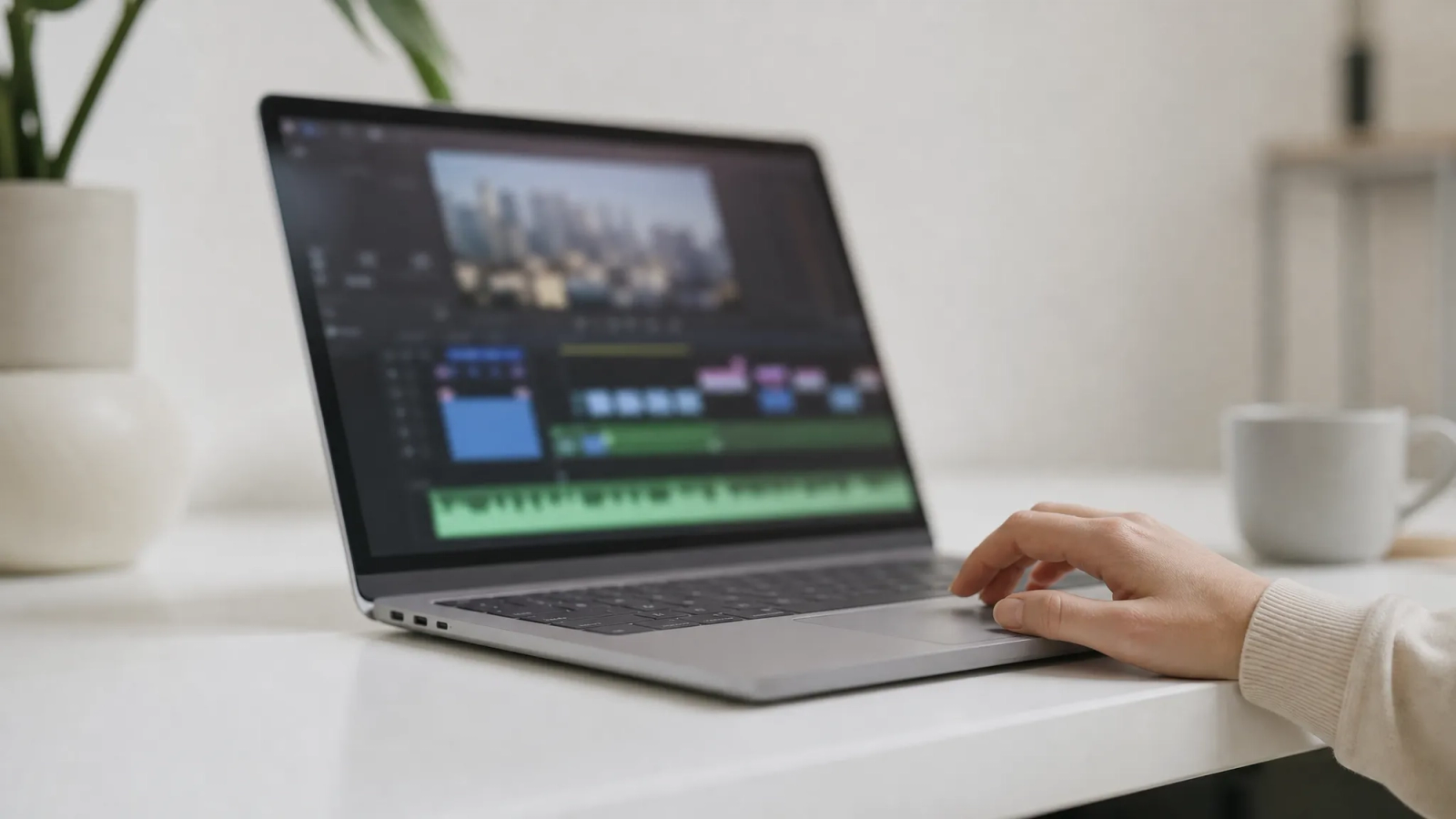 A creator uses a laptop to learn how to put a song on a video, adjusting the audio timeline in editing software.