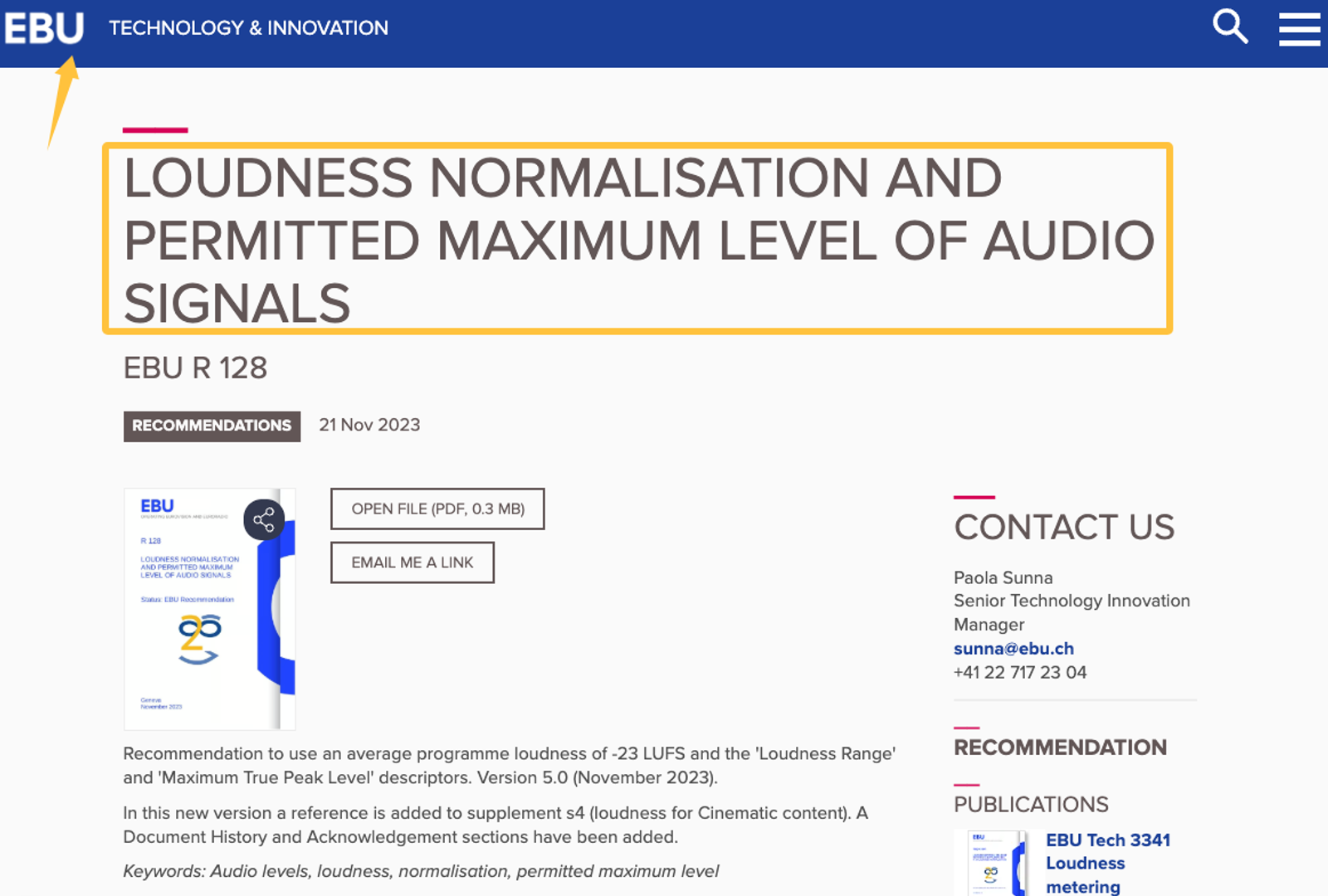 EBU R 128 recommendation page screenshot highlighting loudness normalisation standards for audio signals, relevant for how to make a melody with proper volume levels in music production and DAW mastering