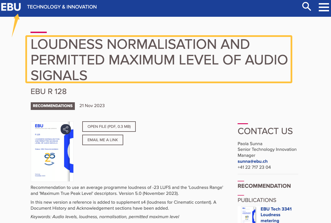 EBU R 128 recommendation page screenshot highlighting loudness normalisation standards for audio signals, relevant for how to make a melody with proper volume levels in music production and DAW mastering