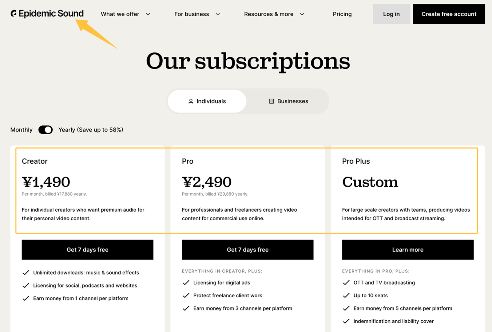 Epidemic Sound subscription pricing page, highlighting one of the best artlist alternatives.