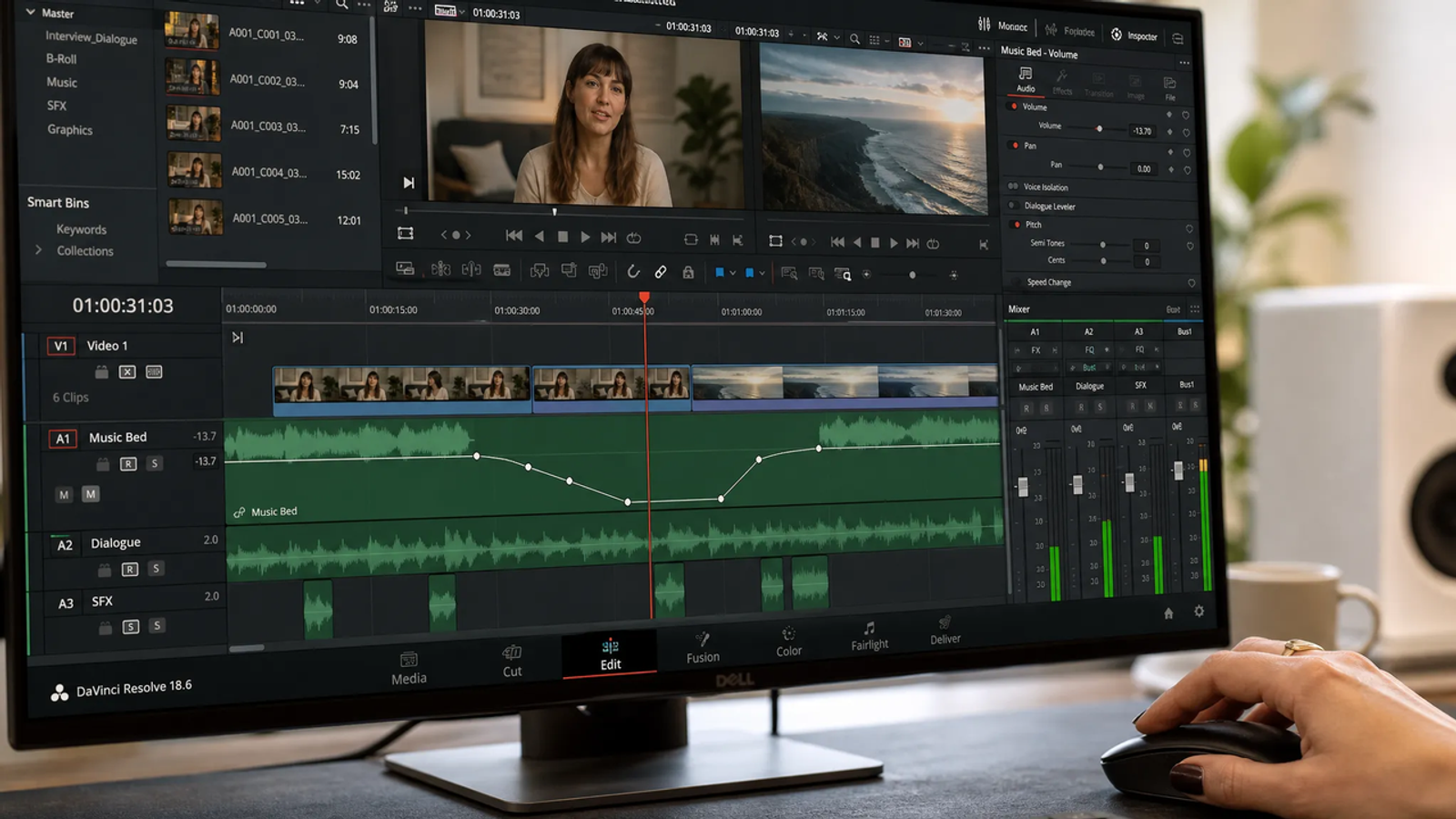 Editing software screen adjusting audio levels and mixing background music for interview footage seamlessly.