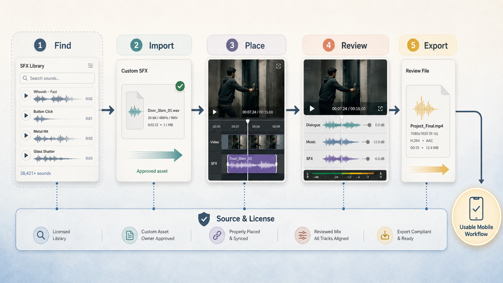 A five-step visual workflow demonstrating how to find and place audio in a mobile sound effects app.