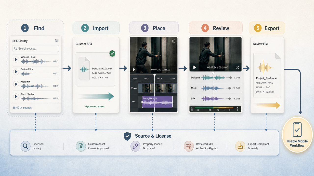 A five-step visual workflow demonstrating how to find and place audio in a mobile sound effects app.