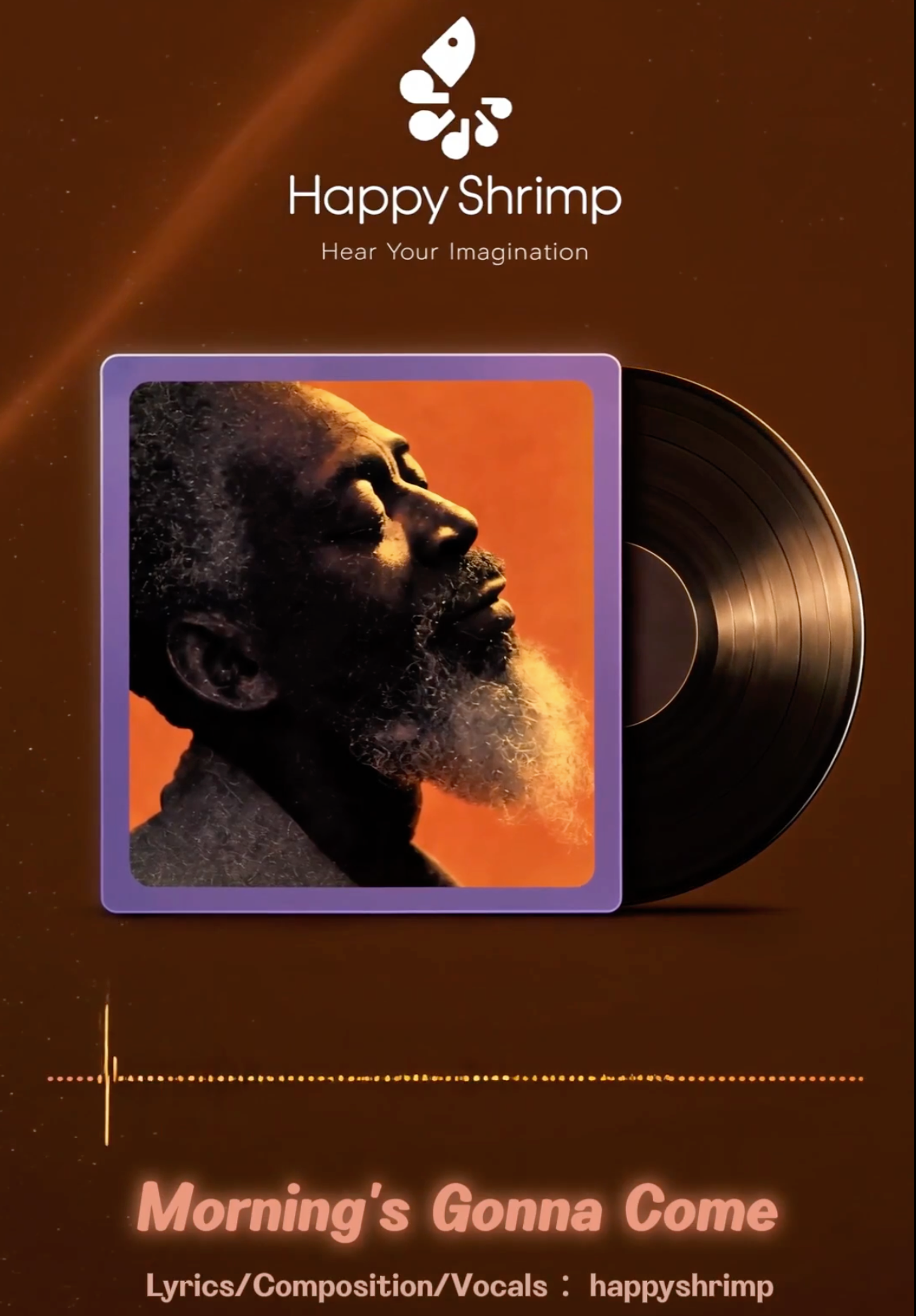 HappyShrimp review: example of a generated song 'Morning's Gonna Come' with album art and credits.