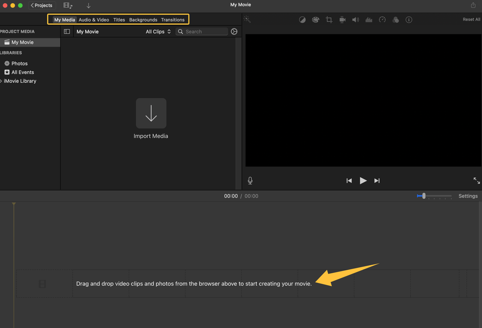 First step of how to make music fade out in imovie involves importing your media into the project timeline.
