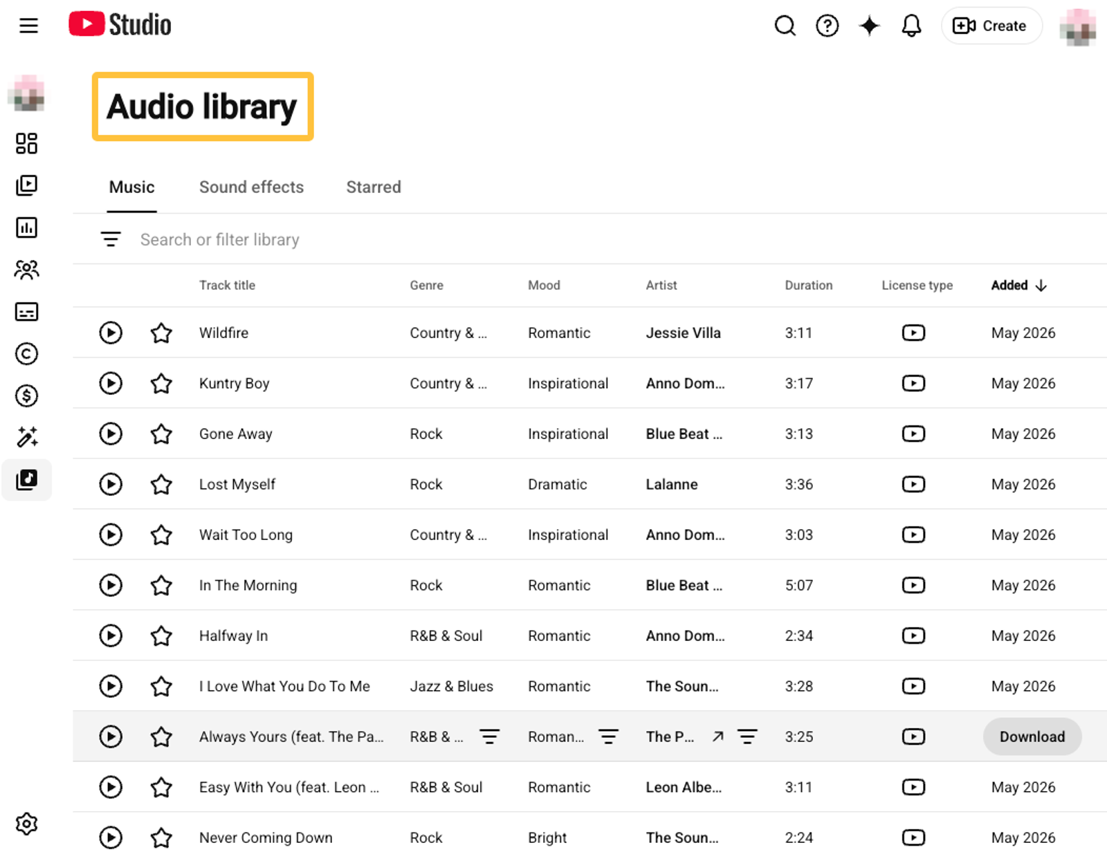 Browsing the YouTube Audio Library to find royalty-free background music for real estate videos and property tours.
