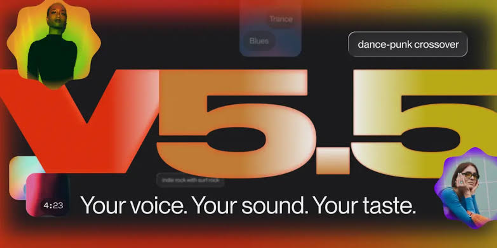 音楽生成AI「Suno v5.5」の公式ビジュアル画像です。「Your voice. Your sound. Your taste.」というコピーが示され、ユーザー自身の声や好みの音楽ジャンルを反映させて、より個性的で自由度の高いAI楽曲作成が可能になったことをアピールしています。
