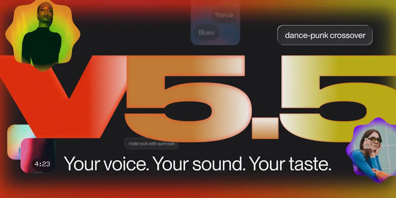 音楽生成AI「Suno v5.5」の公式ビジュアル画像です。「Your voice. Your sound. Your taste.」というコピーが示され、ユーザー自身の声や好みの音楽ジャンルを反映させて、より個性的で自由度の高いAI楽曲作成が可能になったことをアピールしています。
