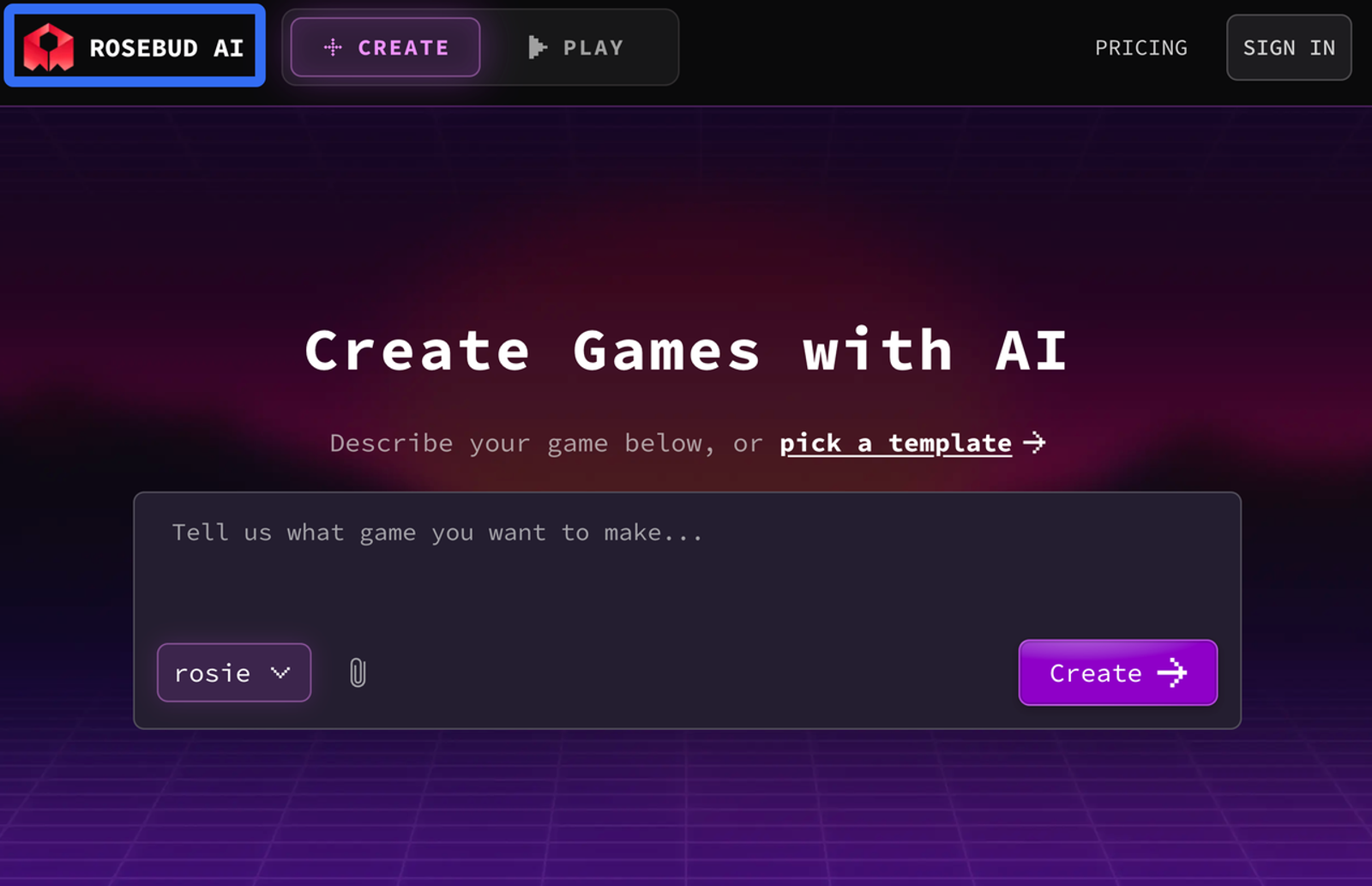 プロンプトを入力してゲームそのものを作成できるAIゲームアセット生成ツール「ROSEBUD AI」の公式サイト画像です。「Create Games with AI」というコンセプトのもと、テキストからアセットやコードを生成します。