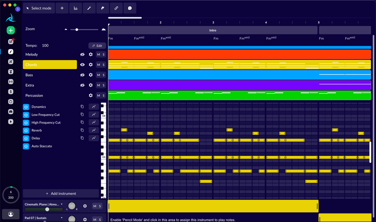 Fine-tune your melodies and chords using the advanced multi-track editor built into the AIVA AI music generator app.