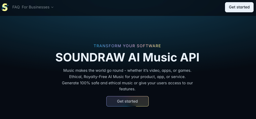 Soundraw API page for business, known as one of the best AI music generators for games with royalty-free audio.
