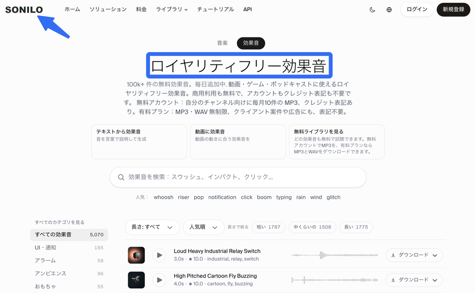 SONILOのウェブサイトでロイヤリティフリーの音源を探す画面のスクリーンショットです。AIで動画に効果音を付ける際、商用利用も可能な無料または有料の高品質なオーディオ素材を効率よく見つけ出し、動画の魅力を高めることができます。