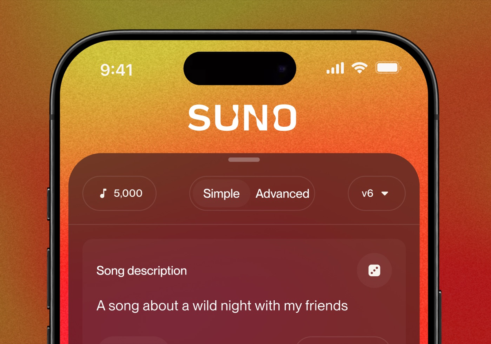 iPhone screen showing Suno app, explicitly confirming 'v6' model dropdown in top right. Example description for Suno v6 video visible.