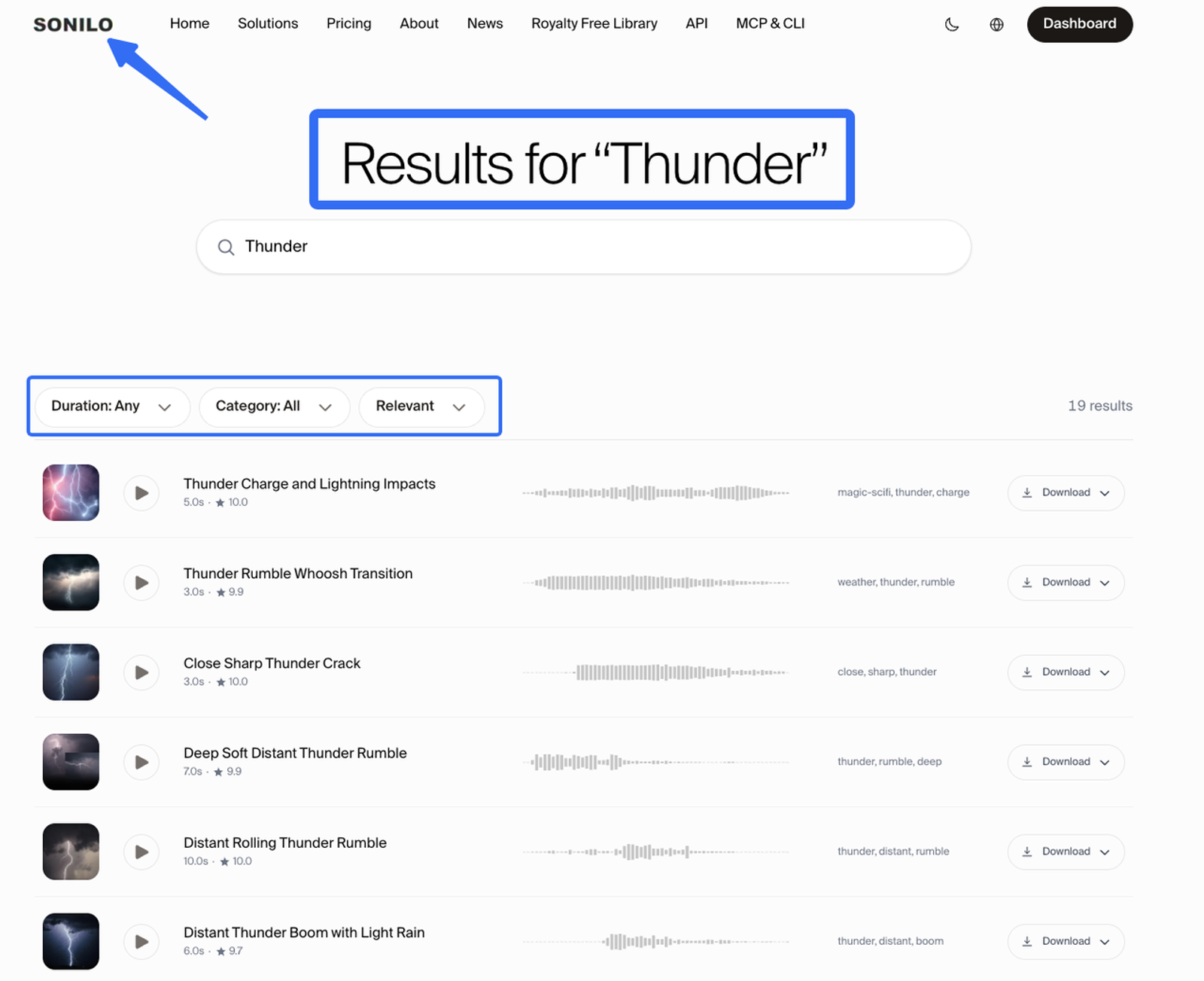 A website interface screenshot on Sonilo, displaying a blue box around the text 'Results for "Thunder"'.
