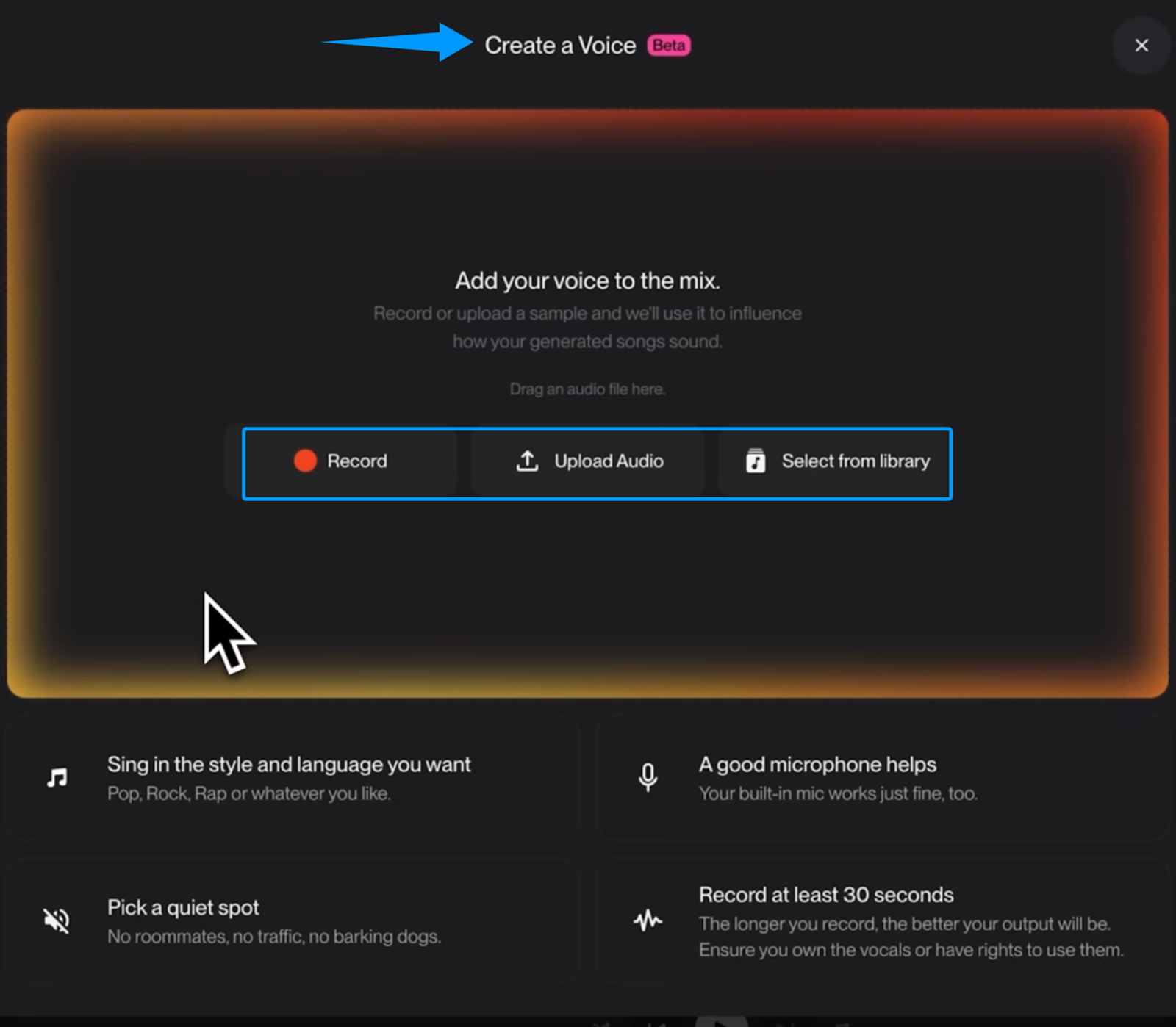Escolha entre gravar, fazer upload ou selecionar da biblioteca para criar sua voz usando o Suno v5.5 Voices.
