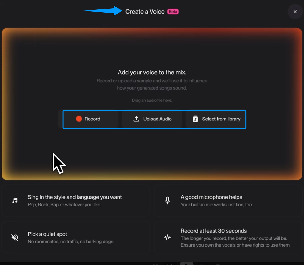 Escolha entre gravar, fazer upload ou selecionar da biblioteca para criar sua voz usando o Suno v5.5 Voices.