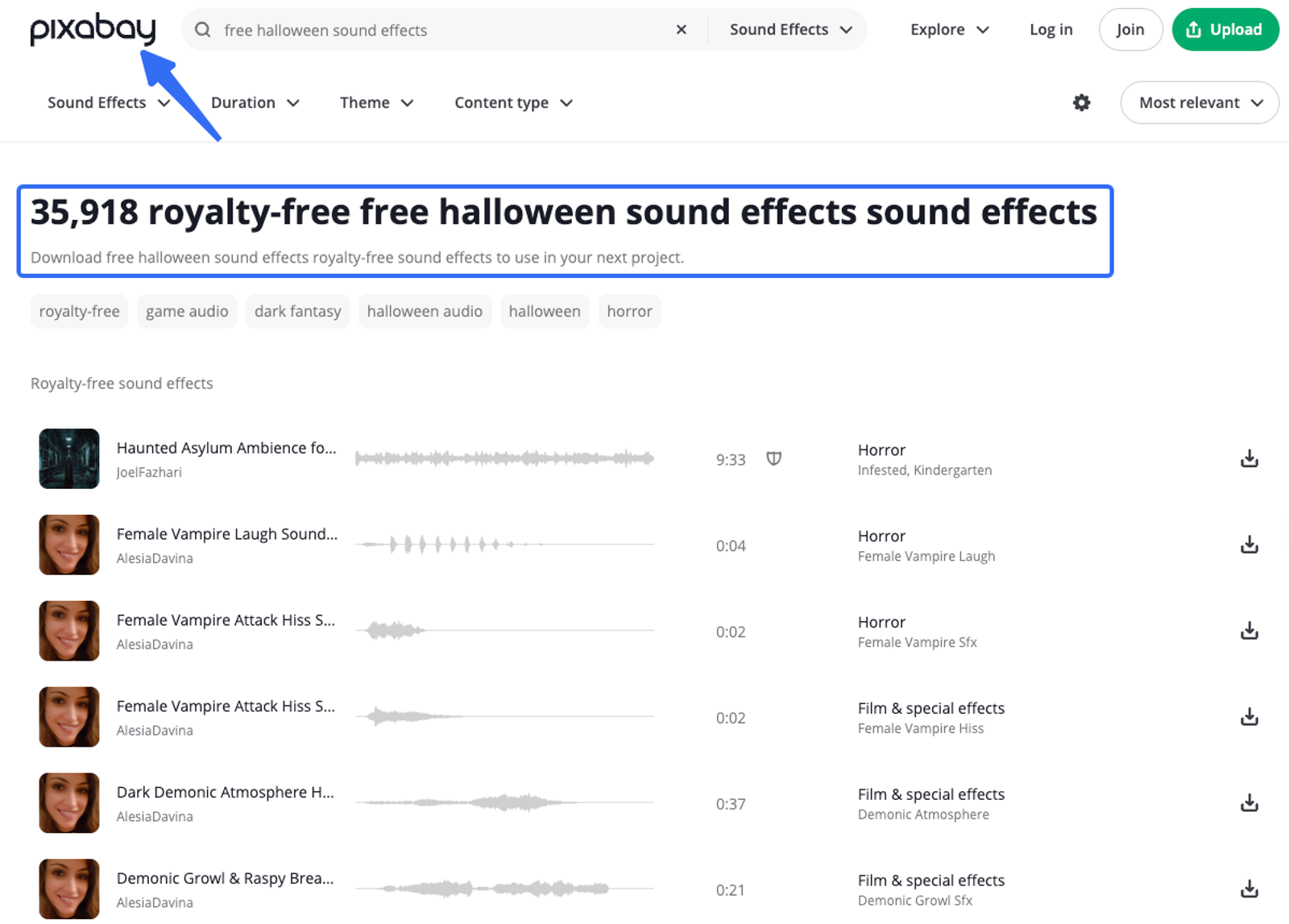 Screenshot of Pixabay royalty-free free halloween sound effects audio library search interface.