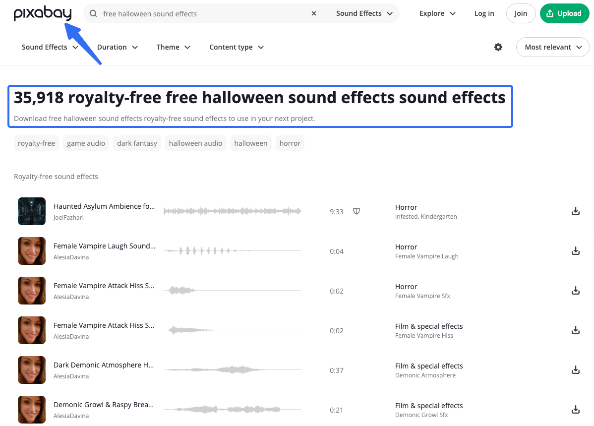 Screenshot of Pixabay royalty-free free halloween sound effects audio library search interface.