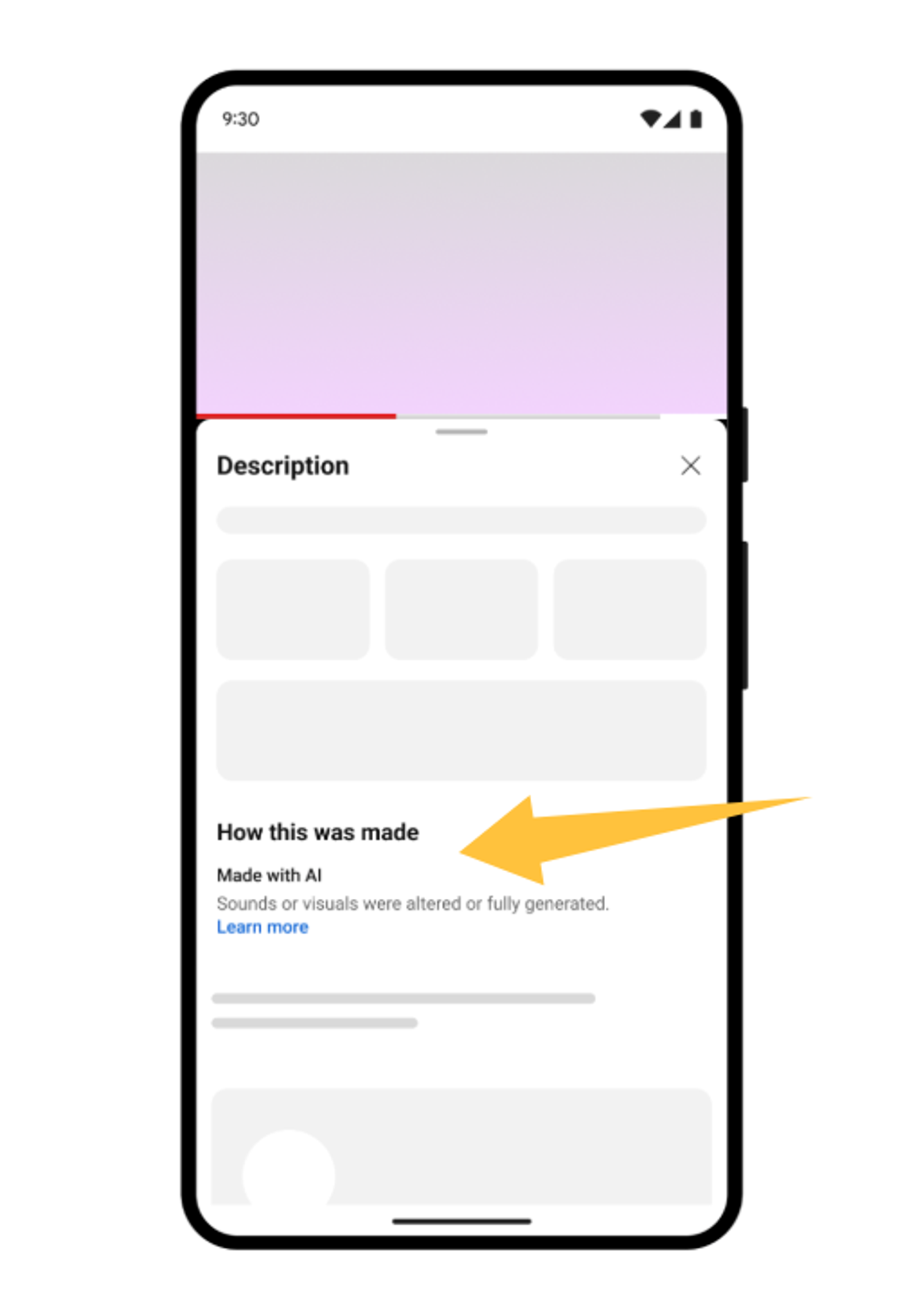 A yellow arrow on a phone highlights the 'Made with AI' label, perfect for tracks from an AI lofi music generator tool.