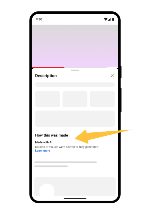A yellow arrow on a phone highlights the 'Made with AI' label, perfect for tracks from an AI lofi music generator tool.
