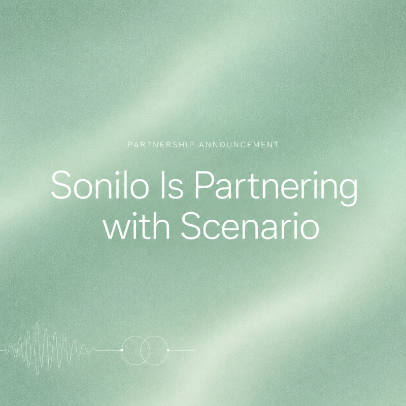 Sonilo is partnering with Scenario official announcement graphic featuring elegant green background and partnership branding. Creative AI music and video workflow integration revealed.