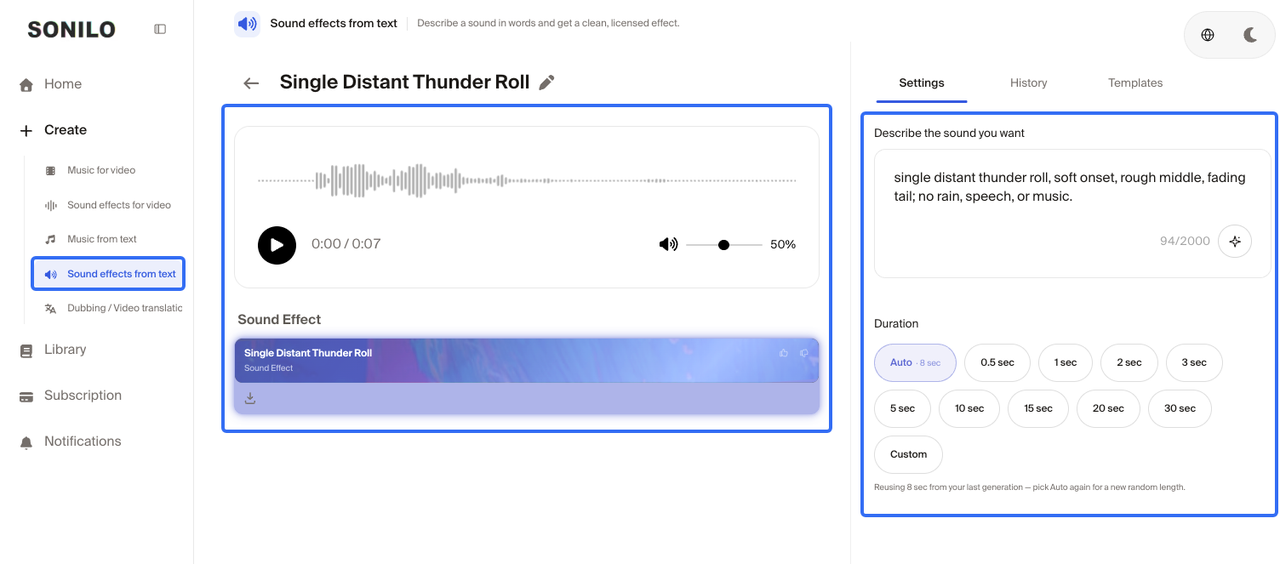 A dashboard screenshot on Sonilo showing the AI audio creation tool with options to generate and download sound effects.