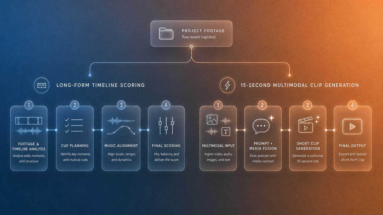 Dual-path workflow diagram contrasting a 4-step Long-Form Timeline Scoring track (Footage & Timeline Analysis, Cue Planning, Music Alignment, Final Scoring) with a 4-step 15-Second Multimodal Clip Generation track (Multimodal Input, Prompt + Media Fusion, Short Clip Generation, Final Output).