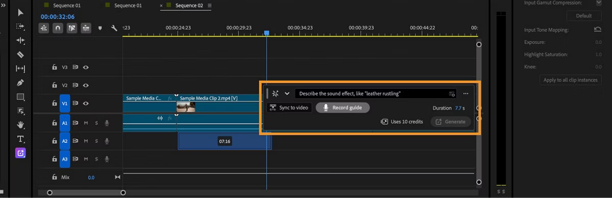 Plugin no Premiere Pro usado para adicionar efeitos sonoros ao vídeo com IA na linha do tempo.