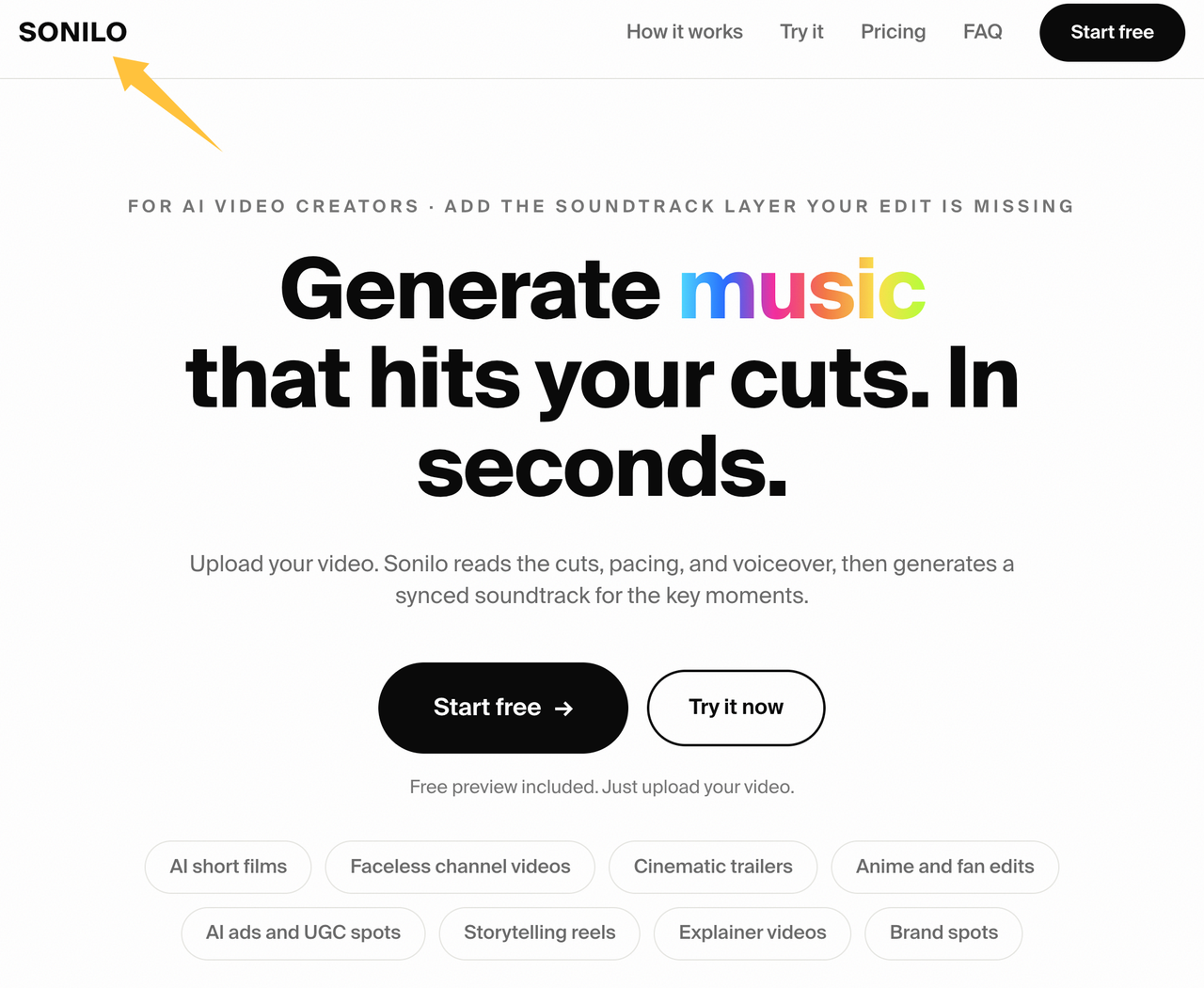 Sonilo homepage, an alternative to the Canva AI music generator for video creators.