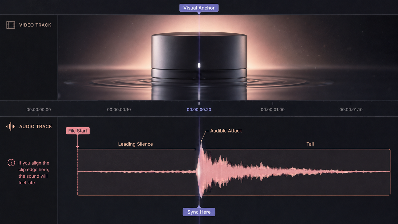 A timeline showing how to precisely sync sound effects for YouTube videos by aligning visual anchors with audible attacks.