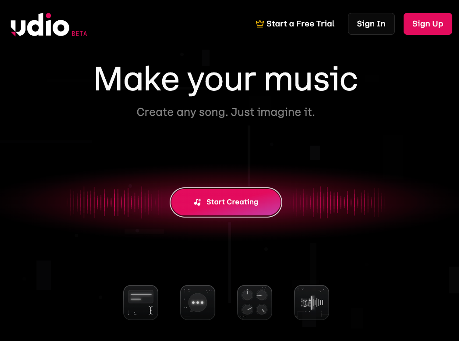 高品質な音楽ツールであるSunoとUdioの比較記事で紹介している、Udioトップページ画面です。「Make your music」のテキストの下に、楽曲生成を開始するボタンと、各種設定アイコンがスタイリッシュに配置されています。