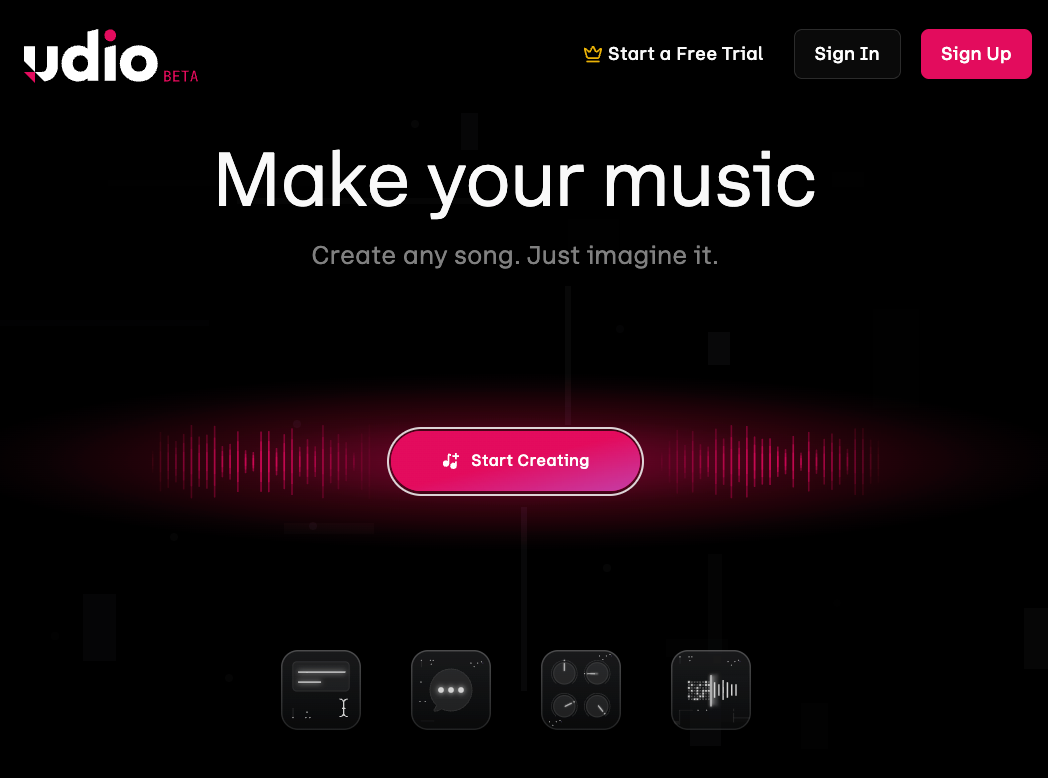 高品質な音楽ツールであるSunoとUdioの比較記事で紹介している、Udioトップページ画面です。「Make your music」のテキストの下に、楽曲生成を開始するボタンと、各種設定アイコンがスタイリッシュに配置されています。