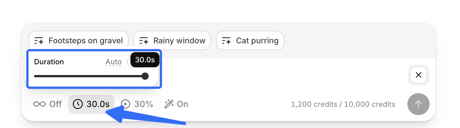 Setting the custom audio duration slider up to thirty seconds for generating elevenlabs ai sound effects.