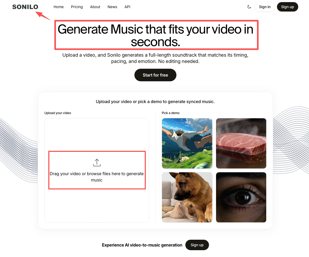 Sonilo platform upload interface to generate synced music and combine video with audio.