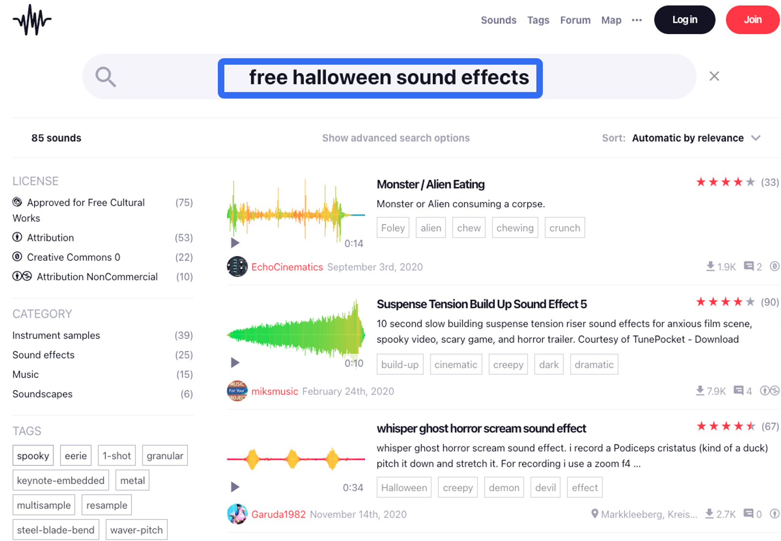 Freesound website interface displaying free halloween sound effects search results and audio clips.