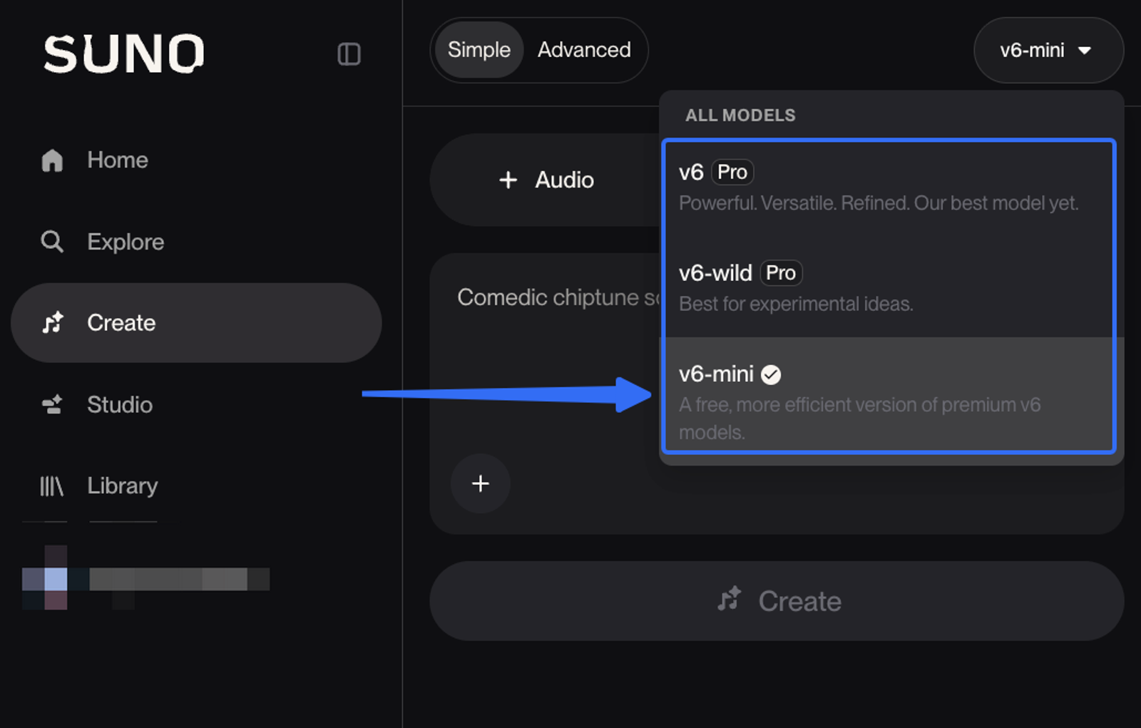 Suno app interface showing the model selection dropdown menu to choose between suno v6 vs v6 mini for music creation.
