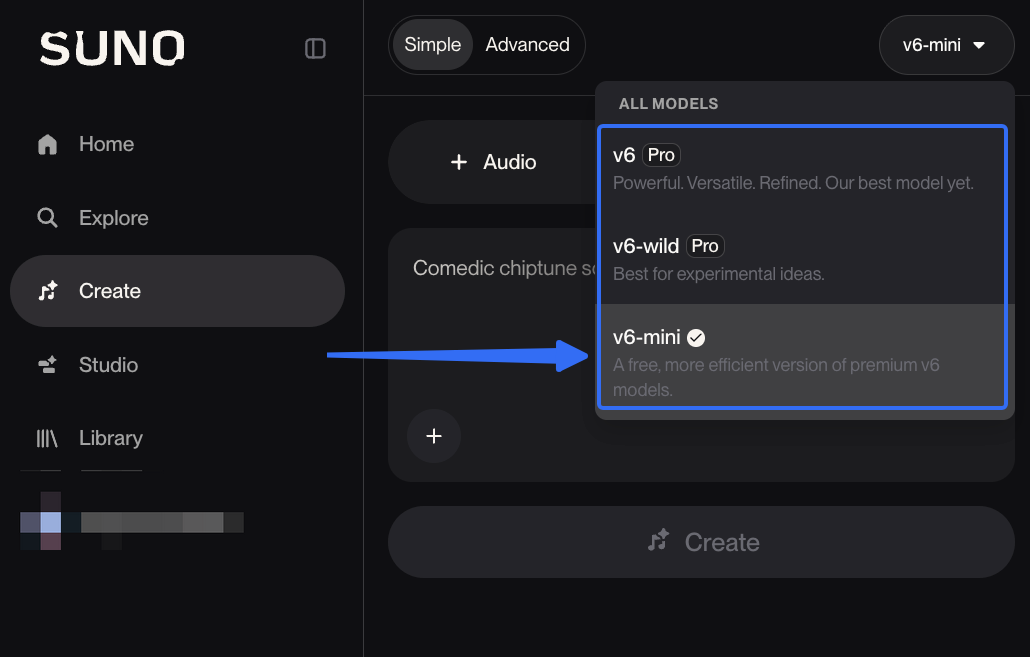 Suno app interface showing the model selection dropdown menu to choose between suno v6 vs v6 mini for music creation.