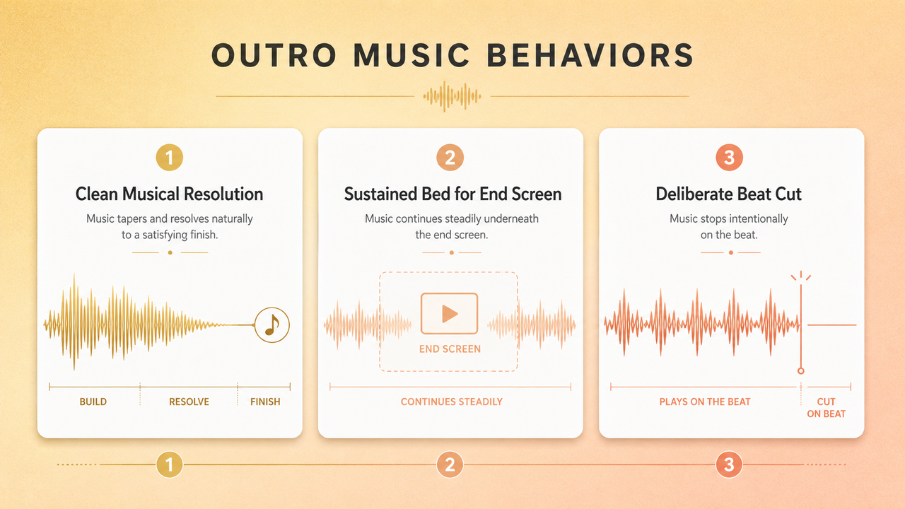 3-step diagram outlining outro music behaviors: Clean Musical Resolution, Sustained Bed for End Screen, and Deliberate Beat Cut, complete with waveform graphics and timing indicators.