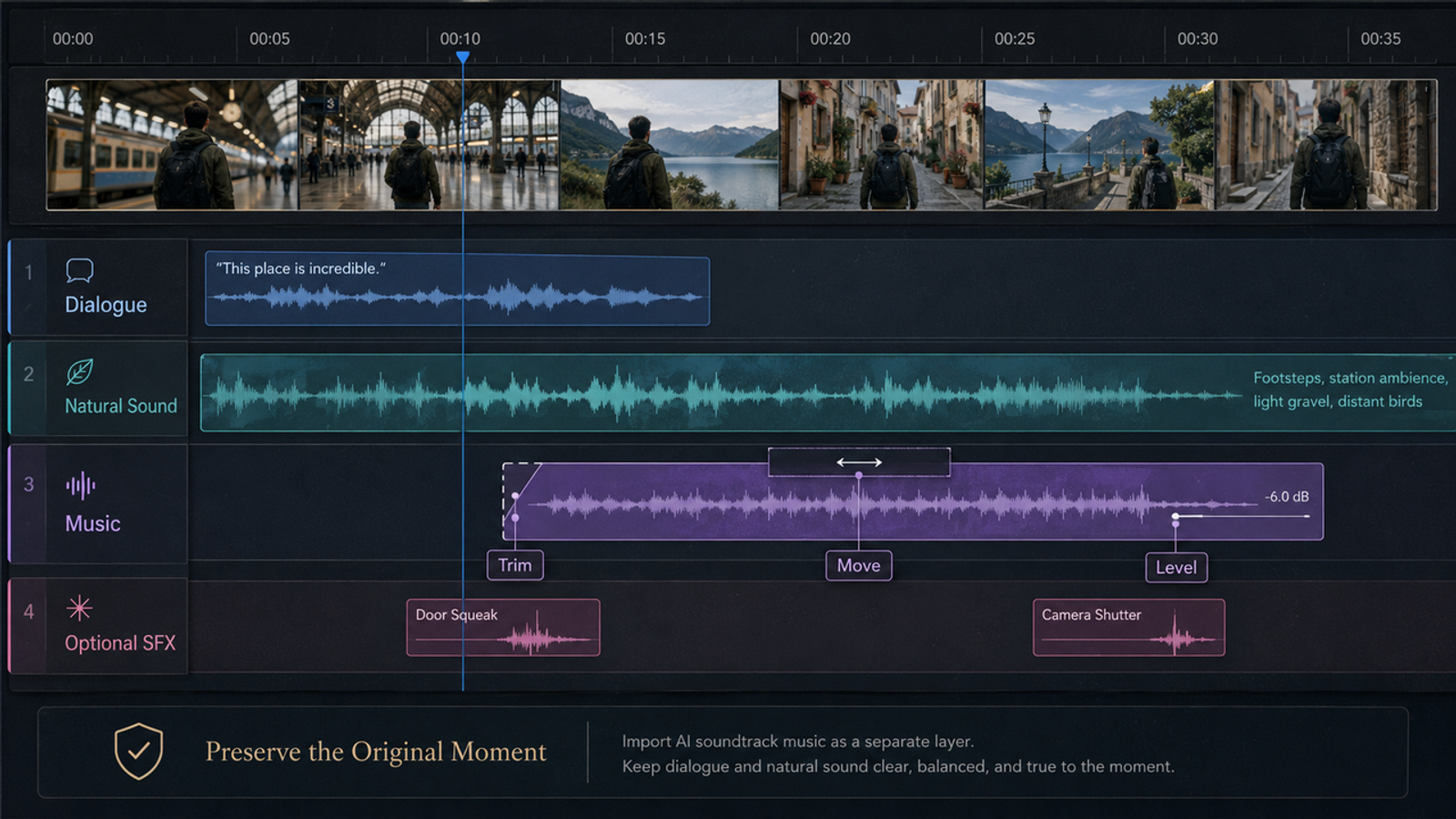 Advanced audio timeline editing software showing how to layer dialogue, SFX, and DJI Osmo music for perfect videos.