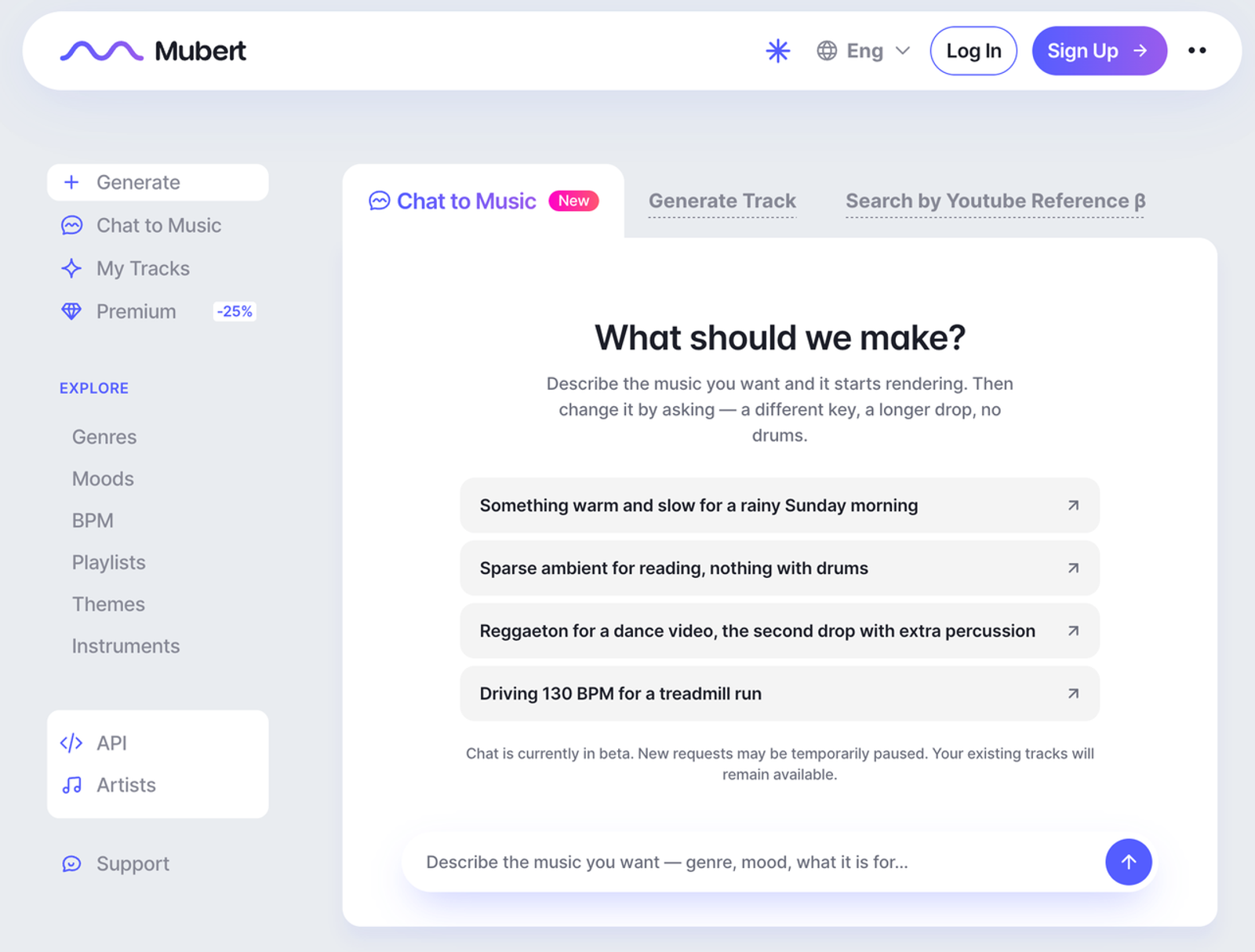 Our mubert ai review examines the Chat to Music feature, allowing users to type prompts for custom audio generation.