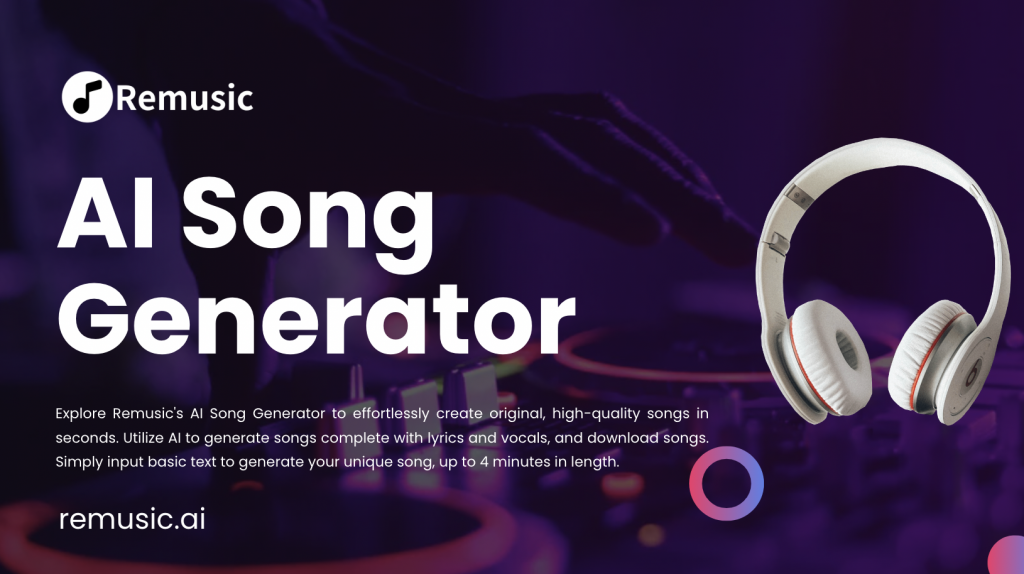 Promotional banner for the Remusic AI music generator, allowing users to effortlessly create high-quality original songs.