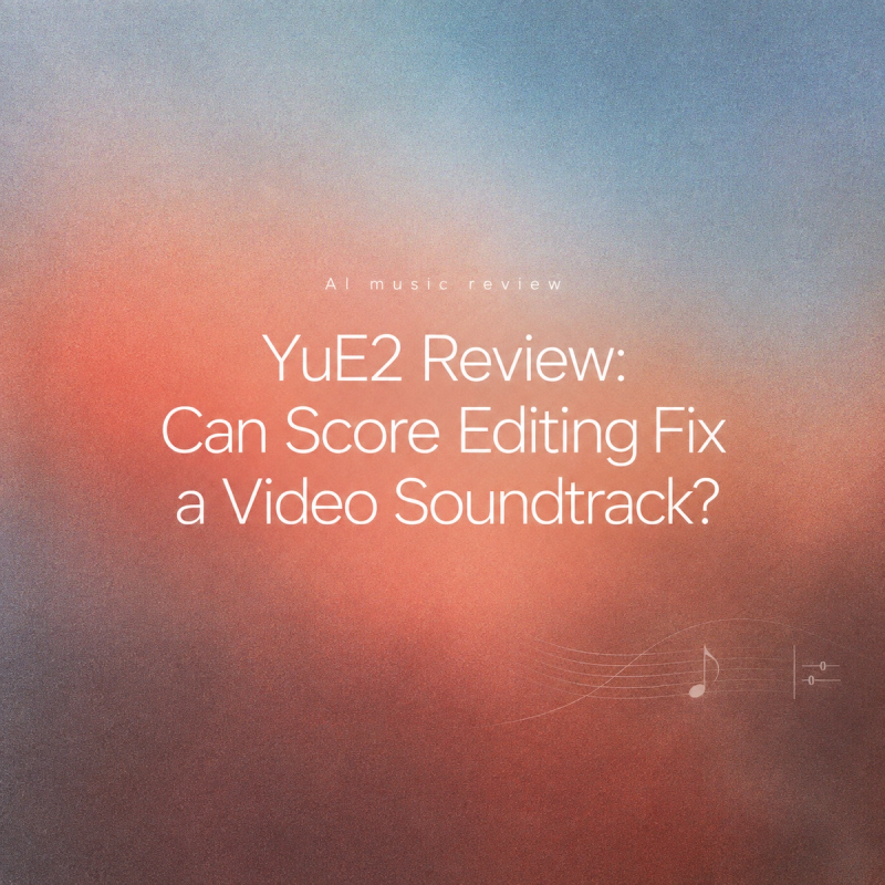 YuE2 review cover showing AI music generation for video soundtracks with score editing features.