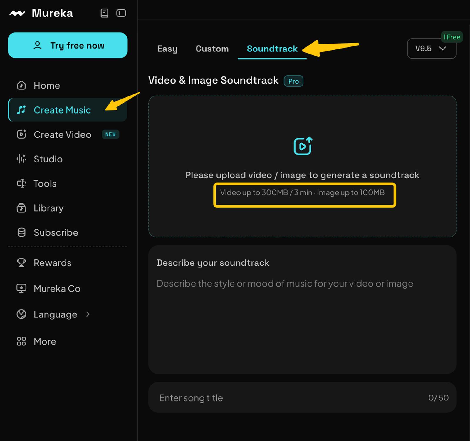 Navigate the mureka ai platform to create music by uploading your video or image directly into the soundtrack tool.