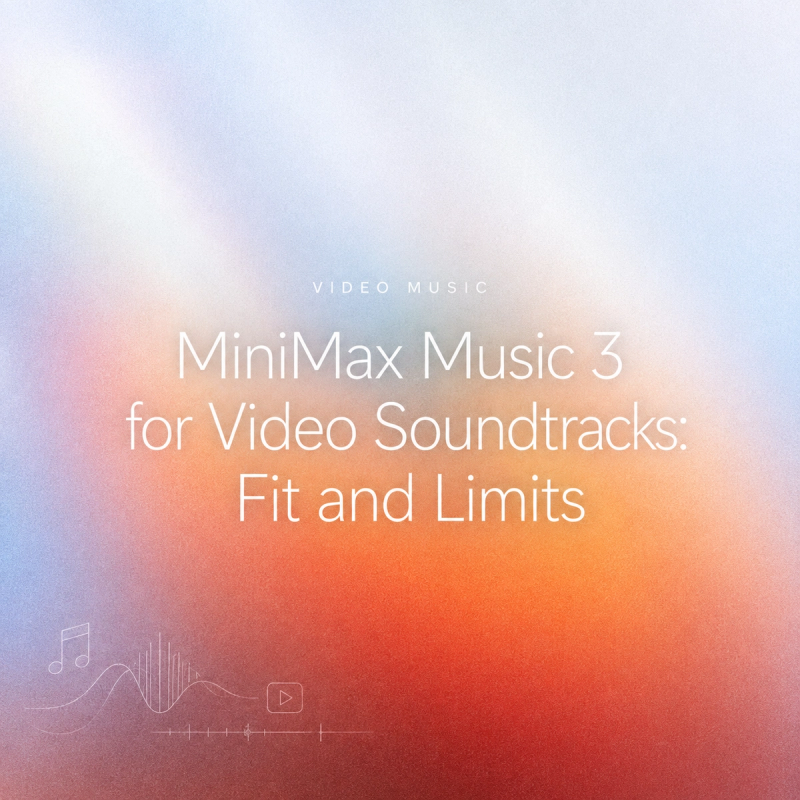 Soft orange and blue gradient cover graphic titled "MiniMax Music 3 for Video Soundtracks: Fit and Limits" featuring minimal line-art icons of musical notes, audio waveforms, and a video playback frame.