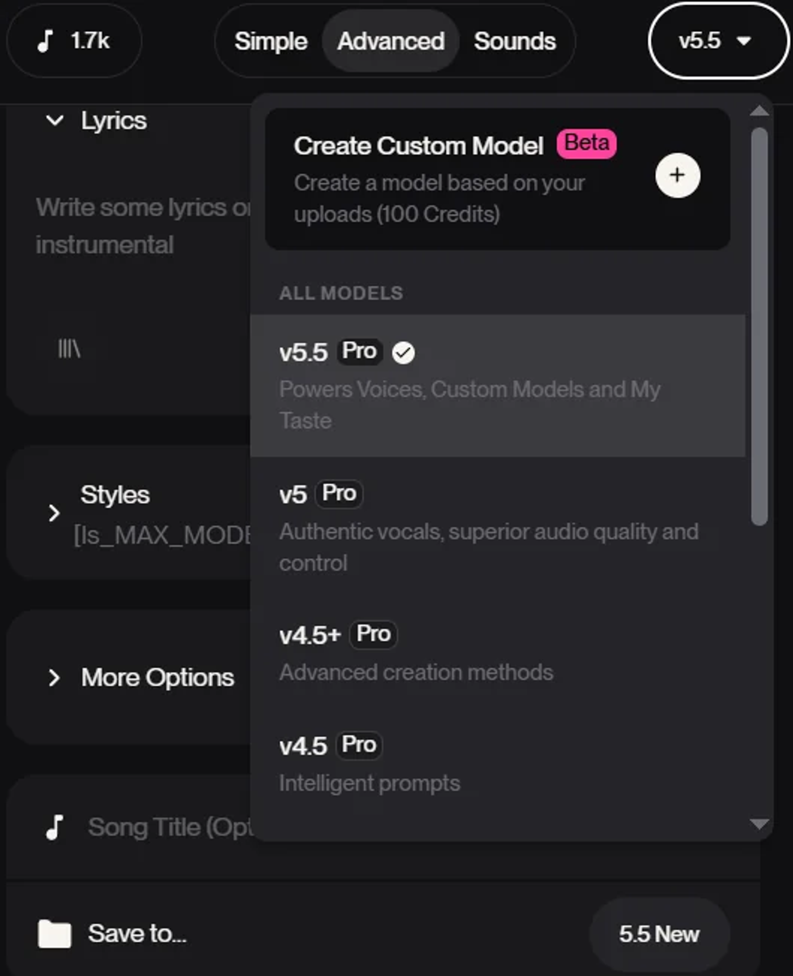 楽曲生成AI「Suno v5.5」のバージョン選択ドロップダウンメニュー画面です。「v5.5 Pro」を選択し、新機能である「Create Custom Model（カスタムモデル作成）」ベータ版にアクセスする手順を示しています。