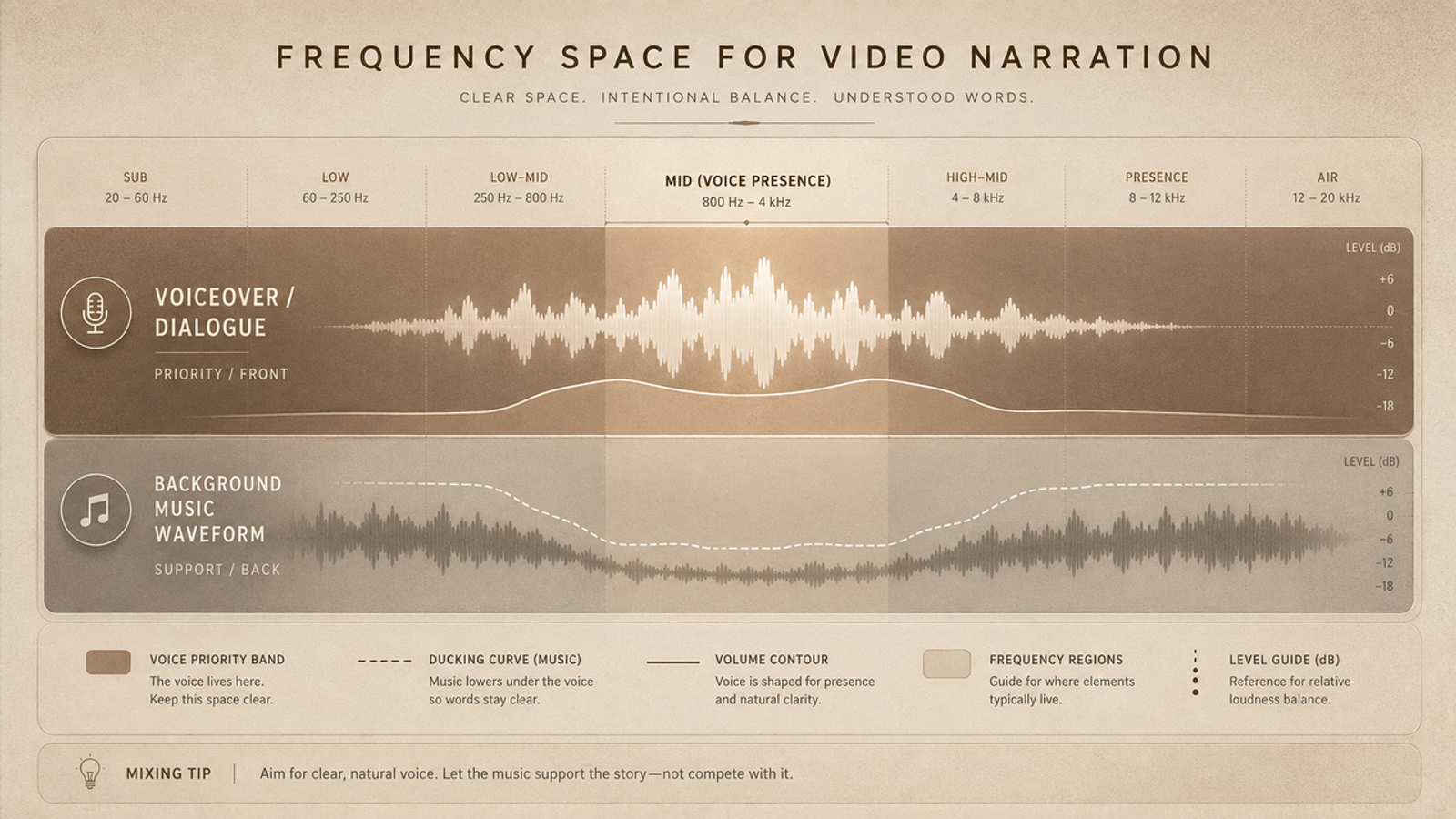 Audio mixing guide showing frequency bands from Sub to Air, highlighting the Mid 800Hz–4kHz Voice Presence range with ducking curves and volume contours to keep voiceover clear above background music.
